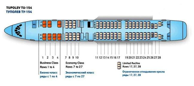 Схема салона пассажирского самолета Ту-154М